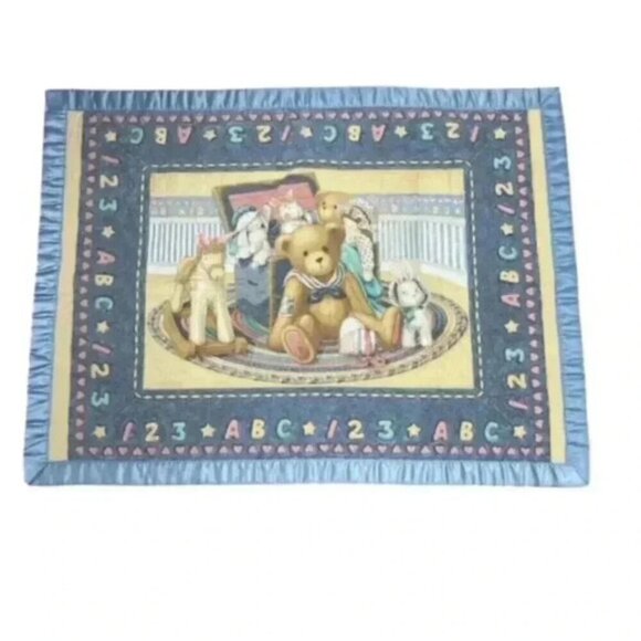 Vtg Teddy Beddy Bear Crib Comforter Baby Blanket  Pink And Blue w/ Ruffle 34x45 - Picture 1 of 6